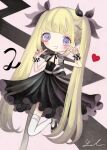  1girl bangs black_dress blonde_hair blue_eyes blunt_bangs blush dress ear_piercing hands_up heart lalala222 leg_up long_hair looking_at_viewer no_nose open_mouth original piercing signature sleeveless sleeveless_dress smile solo thigh-highs v very_long_hair white_legwear 