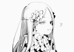  1girl abigail_williams_(fate) absurdres bow fate/grand_order fate_(series) forehead grey_background greyscale heart highres long_hair looking_at_viewer monochrome signature simple_background smile sofra solo twitter_username upper_body 