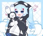  1girl 1other animal animal_ears beamed_eighth_notes black_gloves black_hoodie commentary eighth_note gloves hatsune_miku heart highres holding holding_animal holding_bunny hood hood_up hoodie light_blue_eyes light_blue_hair long_hair looking_at_viewer mozuzu69 multicolored_hair musical_note musical_note_print open_mouth orca rabbit rabbit_ears rabbit_yukine sharp_teeth smile snowflake_print staff_(music) teeth twintails two-tone_hair upper_body very_long_hair vocaloid whale_costume white_hair yuki_miku 