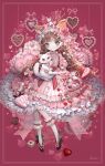  1girl animal animal_ears black_footwear bow braid cat dress frilled_dress frilled_pillow frills grey_eyes hair_bow hair_ribbon heart high_heels highres holding holding_animal jewelry juliet_sleeves lalala222 lolita_fashion long_sleeves mouse original petals pillow pink_bow pink_dress puffy_sleeves red_background red_nails red_ribbon red_theme ribbon ring shoes signature socks solo sparkle white_legwear 