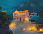  building commentary eevee english_commentary fuchsia_city gen_1_pokemon glowing grass highres house jack-o&#039;-lantern night night_sky outdoors plant pokemon pokemon_(creature) power_lines road simone_mandl sky tree utility_pole 