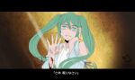  1girl aqua_eyes aqua_hair aqua_nails artist_name bare_shoulders bleeding blood bloody_clothes blue_dress brown_background crying crying_with_eyes_open detached_sleeves dress dress_flower empty_eyes evillious_nendaiki film_grain hand_on_own_cheek hand_on_own_face hatsune_miku highres light_rays looking_at_viewer lyrics margarita_blankenheim mario_gagabriel nemurase_hime_kara_no_okurimono_(vocaloid) parody signature smile solo style_parody tears twintails vocaloid wrist_cutting 