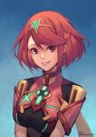  1girl artist_name bangs blue_background breasts chest_jewel grin looking_at_viewer medium_breasts phrecklesart pyra_(xenoblade) red_eyes redhead short_hair signature smile solo swept_bangs upper_body xenoblade_chronicles_(series) xenoblade_chronicles_2 