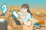  1girl aqua_shirt bare_legs barefoot book book_stack box brown_hair cpu drawing_tablet earphones earphones holding holding_stylus keyboard_(computer) long_hair long_sleeves nobile1031 open_box orange_shorts original screen shadow shirt shorts sitting solo stylus 