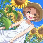  1girl :d absurdres bangs bare_arms bare_shoulders blue_sky bow brown_eyes brown_hair brown_headwear clouds collarbone commentary_request day dress dutch_angle flower hair_bow hair_ornament hairclip hat highres idolmaster idolmaster_cinderella_girls looking_at_viewer open_mouth outdoors parted_bangs red_bow round_teeth ryuuzaki_kaoru short_hair sky sleeveless sleeveless_dress smile solo straw_hat sunflower teeth thick_eyebrows upper_teeth white_dress yama_tatsuo yellow_flower 