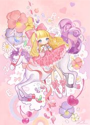  1girl bangs blonde_hair blue_eyes blunt_bangs blush cherry dress flower food fruit hair_ribbon lalala222 long_hair no_nose original pink_dress pink_flower pink_ribbon purple_flower ribbon shoes signature solo unicorn white_flower white_footwear wide_shot 