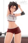  1girl armpits artist_name black_hair breasts cslucaris elbow_pads glasses grey_eyes looking_to_the_side medium_breasts multicolored_hair redhead ruby_rose rwby short_hair shorts solo stomach stretch sweat thighs 
