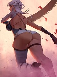  1girl ass back bandaged_arm bandaged_leg bandages black_footwear breasts brown_eyes dust_cloud flower from_behind hair_flower hair_ornament half-closed_eyes high_heels ignite_(artist) kaine_(nier) large_breasts looking_to_the_side medium_hair nier_(series) nier_automata petals single_thighhigh solo thick_thighs thigh-highs thighs white_hair white_legwear 