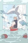  1girl black_hoodie blush brown_eyes brown_footwear brown_hair can clouds drawstring fish haru57928031 hood hoodie knees_up long_sleeves original shoes short_hair solo water whale 