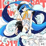  1girl 2017 absurdly_long_hair bangs blue_hair blue_nails breasts green_eyes hat high_heels highres illustration.media knee_up large_breasts long_hair midriff mokeo navel neckerchief octopus original pleated_skirt shirt skirt solo suction_cups very_long_hair white_footwear white_headwear white_shirt white_skirt yellow_neckwear 