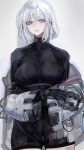  1girl bodysuit breasts collarbone crossed_arms girls_frontline highres large_breasts looking_at_viewer nslacka open_mouth rpk-16_(girls_frontline) short_hair simple_background skin_tight violet_eyes white_background white_hair 