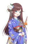  1girl :d absurdres arrow_(projectile) bangs bell blue_eyes blue_flower blue_kimono blush brown_hair ema eyebrows_visible_through_hair floral_print flower hair_between_eyes hair_bun hair_flower hair_ornament hamaya highres holding holding_arrow japanese_clothes jingle_bell kimono long_hair long_sleeves looking_at_viewer obi official_art open_mouth philharmonic_princesses print_kimono sash side_bun simple_background sleeves_past_wrists smile solo tatejima_uri tsutanoki_reiri very_long_hair virtual_youtuber white_background white_flower wide_sleeves 