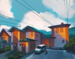 blue_sky building bush cane car chimney cloud cloudy_sky commentary english_commentary gen_1_pokemon grass ground_vehicle highres house motor_vehicle old old_man outdoors pidgey plant pokemon pokemon_(creature) power_lines road simone_mandl sitting sky viridian_city 