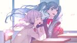  2girls aqua_eyes aqua_hair arm_support black_sweater blue_jacket brown_jacket chair cherico cherry_blossoms classroom closed_eyes commentary desk falling_petals from_side hatsune_miku head_rest highres indoors jacket long_hair looking_away multiple_girls neck_ribbon necktie open_mouth petals purple_hair red_neckwear ribbed_sleeves ribbon school_uniform short_hair_with_long_locks sidelighting sidelocks sitting smile sweater twintails very_long_hair vocaloid window yuzuki_yukari 