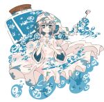  1girl aqua_eyes bandaid bandaid_on_face bangs bright_pupils dress eyebrows_visible_through_hair floating_clothes floating_hat hands_up hat highres jar limited_palette long_sleeves looking_at_viewer nightcap no_nose original solo suya50180 upper_body white_dress white_pupils 