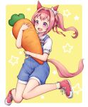  1girl animal_ears belt boots bow carrot hair_bow hair_intakes haru_urara_(umamusume) headband horse_ears horse_girl horse_tail kinakonato knees_together_feet_apart legs_up long_hair object_hug open_mouth overall_shorts overalls pink_eyes pink_hair ponytail red_footwear ribbon shirt short_sleeves smile solo stuffed_toy tail umamusume white_shirt 