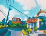  blue_sky bush clouds cloudy_sky commentary english_commentary english_text gen_1_pokemon grass highres house no_humans outdoors pallet_town pidgey plant pokemon pokemon_(creature) power_lines rattata road sign simone_mandl sky tree utility_pole 
