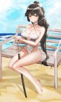  1girl absurdres azur_lane barefoot bench black_hair blue_sky bokken bow breasts brown_eyes casual_one-piece_swimsuit chenhuan_wu_wo clothing_cutout clouds criss-cross_halter day full_body hair_flaps halterneck highres large_breasts light_rays long_hair navel_cutout ocean one-piece_swimsuit outdoors ponytail ribbon sitting sky solo sunbeam sunlight swimsuit sword takao_(azur_lane) takao_(beach_rhapsody)_(azur_lane) weapon white_bow white_ribbon white_swimsuit wooden_sword 
