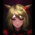  1girl animal_ears bangs blonde_hair bow braid cat_ears close-up face facial_mark final_fantasy final_fantasy_xiv flower hair_bow hair_flower hair_ornament highres looking_at_viewer portrait short_hair solo twitter_username violet_eyes whisker_markings zeri_(zeristudio) 