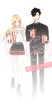  1boy 1girl alternate_costume bangs bare_legs black_footwear black_hair black_pants black_sweater blonde_hair blouse blurry brown_footwear casual character_name collared_shirt couple cross-laced_footwear cup disposable_cup earrings eyebrows eyelashes fingernails food full_body green_eyes haiba_arisa haikyuu!! hetero highres holding holding_cup holding_food jewelry kuroo_tetsurou l0v3_drop long_fingernails long_hair long_sleeves looking_to_the_side open_mouth pants pointing popcorn shirt shoes short_hair short_shorts shorts sparkle spiky_hair standing sweater teeth text_focus theater ticket tongue tongue_out twitter_username walking white_blouse 