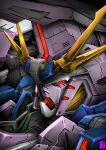  close-up denjyou23 glowing glowing_eye gundam gundam_hathaway&#039;s_flash highres looking_ahead mecha mobile_suit no_humans penelope_(hathaway&#039;s_flash) red_eyes science_fiction solo upper_body v-fin 