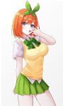  1girl absurdres bangs blue_eyes breasts cardigan commentary_request cowboy_shot eyebrows_visible_through_hair go-toubun_no_hanayome green_ribbon green_skirt hair_between_eyes hair_ribbon highres kano_(wi3028) large_breasts looking_at_viewer mouth_pull nakano_yotsuba orange_hair pulling ribbon school_uniform shirt short_hair short_sleeves simple_background skirt smile solo teeth thighs white_background white_shirt yellow_cardigan 