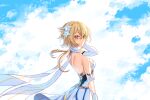  1girl bare_back bare_shoulders blonde_hair blue_sky breasts clouds flower genshin_impact hair_flower hair_ornament highres ia_(ias1010) long_hair looking_at_viewer lumine_(genshin_impact) medium_breasts sideboob sky solo yellow_eyes 