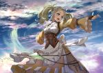  1girl absurdres blonde_hair breasts clouds cloudy_sky commission fire_emblem fire_emblem_awakening grey_eyes highres lissa_(fire_emblem) looking_to_the_side open_mouth outdoors outstretched_arms skeb_commission sky small_breasts trapiorra twintails upper_body wind 