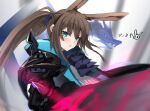  1girl amiya_(arknights) amiya_(guard)_(arknights) animal_ears arknights ascot black_jacket blue_eyes blurry blurry_foreground brown_hair character_name dragon eyebrows_visible_through_hair frilled_ascot frills frown holding holding_sword holding_weapon jacket light_blush long_hair looking_at_viewer open_mouth originium_arts_(arknights) ponytail rabbit_ears raw_egg_lent solo_focus sword upper_body weapon 