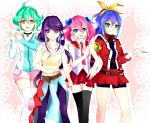  4girls ahoge blue_hair bracelet_girls choker exposed_shoulders feathers full_body green_hair high_ponytail hiiragi_yuzu ippa jacket kurosaki_ruri long_hair multicolored_hair pink_hair ponytail purple_hair rin_(yuu-gi-ou_arc-v) serena_(yuu-gi-ou_arc-v) short_twintails uniform yuu-gi-ou yuu-gi-ou_arc-v zettai_ryouiki 