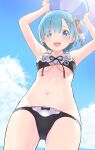  1girl :d absurdres arms_up ball bikini black_bikini blue_hair blue_sky breasts clouds day eyebrows_visible_through_hair eyes_visible_through_hair flower hair_flower hair_ornament highres holding holding_ball looking_at_viewer mameroku medium_breasts navel ocean open_mouth re:zero_kara_hajimeru_isekai_seikatsu rem_(re:zero) short_hair sky smile solo swimsuit thighs wet x_hair_ornament 