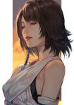 1girl bangs beads black_bra blue_eyes bra brown_hair detached_sleeves female final_fantasy final_fantasy_x green_eyes hair_ornament half-closed_eyes hankuri heterochromia japanese_clothes lips looking_at_viewer open_mouth outside_border short_hair sunset underwear yuna_(ff10)