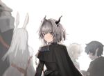  2girls 3boys animal_ears arknights black_cape black_hair blurry blurry_background cape closed_mouth commentary_request dragon_horns epaulettes eyebrows_visible_through_hair faust_(arknights) from_behind frostnova_(arknights) grey_eyes grey_hair highres horns jacket light_blush long_hair looking_back mephisto_(arknights) multiple_boys multiple_girls open_mouth patriot_(arknights) pointy_ears profile rabbit_ears raw_egg_lent short_hair simple_background smile solo_focus talulah_(arknights) upper_body white_background white_hair white_jacket 
