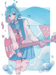  1girl bandaid bandaid_on_leg bangs blue_eyes blue_sailor_collar blue_skirt borrowed_character choker cider_girl_(haru57928031) clouds eyebrows_visible_through_hair food foot_out_of_frame guitar highres holding holding_instrument instrument mouth_hold neckerchief original pleated_skirt popsicle red_neckwear sailor_collar sign skirt solo tsucchiy whale 