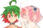  1boy 1girl couple hiiragi_yuzu japanese_text kaya_rio multicolored_hair pink_hair sakaki_yuuya short_twintails yuu-gi-ou yuu-gi-ou_arc-v 