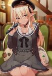  1girl absurdres beret black_headwear blonde_hair breasts chair dark_skin dark-skinned_female elf hat highres holding holding_phone hololive large_breasts long_hair phone pipin_try pointy_ears red_eyes shiranui_flare sitting skirt smile solo virtual_youtuber 