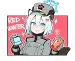  1girl animal_ears blue_archive blue_hair bottle commentary_request drink english_text gloves hair_between_eyes hair_ornament hairclip hat junsuina_fujunbutsu portrait shigure_(blue_archive) short_hair solo tail winter_uniform 