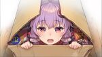  1girl black_jacket box cardboard_box commentary cracker food from_above hair_ornament highres in_box in_container jacket looking_at_viewer open_mouth pocky purple_hair ritz_crackers rokuyasuhara sidelocks solo sweat violet_eyes vocaloid voiceroid wooden_floor yuzuki_yukari 