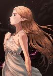  1girl absurdres bare_shoulders blonde_hair blue_eyes bracelet dark_clouds dirty dirty_clothes dirty_face dress frown highres jewelry long_hair looking_ahead necklace pointy_ears princess_zelda profile strapless strapless_dress the_legend_of_zelda the_legend_of_zelda:_breath_of_the_wild triforce user_jrfx4258 white_dress 