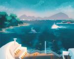  blue_sky boat cloud cloudy_sky commentary english_commentary gen_1_pokemon ground_vehicle highres lapras magikarp motor_vehicle mountain no_humans ocean outdoors pokemon pokemon_(creature) s.s._anne ship simone_mandl sky swimming tree truck vermilion_city water watercraft 