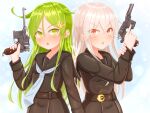  2girls :o bangs black_sailor_collar black_serafuku black_skirt blue_neckwear blush crescent crescent_hair_ornament eyebrows_visible_through_hair green_eyes green_hair gun hair_between_eyes hair_ornament handgun highres holding holding_gun holding_weapon kantai_collection kikuzuki_(kancolle) long_hair long_sleeves multiple_girls nagatsuki_(kancolle) neckerchief open_mouth red_eyes sailor_collar school_uniform serafuku simple_background skirt suzushiro_(gripen39) upper_body weapon weapon_request white_hair 