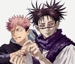  2boys absurdres bags_under_eyes bangs black_jacket blood blood_on_face brown_eyes brown_hair choso_(jujutsu_kaisen) closed_mouth half-closed_eyes hands_up high_collar highres hk_(i2r) incoming_attack itadori_yuuji jacket jujutsu_kaisen looking_away looking_to_the_side male_focus multicolored_hair multiple_boys pink_eyes pink_hair sash scar scar_on_cheek scar_on_face shirt short_hair simple_background sweatdrop swept_bangs tattoo tsurime twintails two-tone_hair undercut upper_body white_background white_shirt 