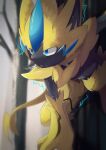  bare_tree blue_eyes blurry commentary_request electricity furry gen_7_pokemon mythical_pokemon nata_de_coco_(pankptomato) open_mouth outdoors pokemon pokemon_(creature) shiny solo tree yellow_fur zeraora 