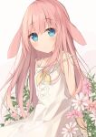  1girl animal_ears bangs bare_arms bare_shoulders blue_eyes blush closed_mouth commentary_request dress eyebrows_visible_through_hair flower hair_between_eyes highres kushida_you long_hair looking_at_viewer original pink_flower pink_hair rabbit_ears sleeveless sleeveless_dress solo strap_slip very_long_hair white_background white_dress white_flower yellow_neckwear 
