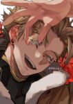  1boy artist_name blonde_hair boku_no_hero_academia commentary earrings english_commentary facial_hair facial_mark feathered_wings fur-trimmed_jacket fur_trim hawks_(boku_no_hero_academia) head_tilt holding holding_ring jacket jewelry kadeart looking_at_viewer male_focus open_mouth red_wings reward_available ring short_hair smile solo stubble symbol_commentary upper_teeth wings yellow_eyes 