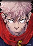  1boy bangs brown_eyes buttons closed_mouth facial_mark gakuran highres hood hoodie itadori_yuuji jujutsu_kaisen looking_at_viewer male_focus max801115 motion_blur pink_hair portrait rain scar scar_on_cheek scar_on_face school_uniform serious short_hair solo undercut water_drop wet wet_hair 