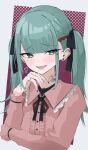  1girl absurdres fangs hair_ornament hatsune_miku heart highres jewelry long_hair long_sleeves looking_at_viewer mask mask_pull misofu_illust mouth_mask open_mouth ribbon shirt simple_background skirt smile solo twintails vampire_(vocaloid) vocaloid 