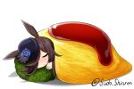  1girl bangs black_headwear blue_flower blue_rose blush brown_hair closed_eyes closed_mouth commentary_request eyebrows_visible_through_hair flower food hair_over_one_eye hat hat_flower in_food long_hair minigirl omurice rice_shower_(umamusume) rose sleeping smile solo sudou_noboru twitter_username umamusume white_background 