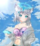  1girl animal_ears blue_archive blue_eyes blue_nails blue_sky blush breasts floral_print hair_ornament headphones jacket looking_at_viewer medium_breasts phone pink_tank_top shiroko_(blue_archive) short_hair silver_hair sky solo sunlight tank_top wolf_ears 