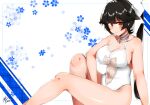  1girl absurdres azur_lane black_hair bow breasts casual_one-piece_swimsuit chiru_(218mg) choker clothing_cutout commentary_request criss-cross_halter feet_out_of_frame hair_bow hair_flaps halterneck highres large_breasts long_hair looking_at_viewer navel_cutout one-piece_swimsuit orange_eyes ponytail sitting solo swimsuit takao_(azur_lane) takao_(beach_rhapsody)_(azur_lane) white_bow white_choker white_swimsuit 